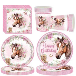 Horse Birthday Party Supplies Tableware Set Cowgirl Birthday Party Pink Horse Paper Plates Cups Napkins Racing Horse Theme Decor