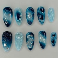 TEMU A Box Of 10pcs Of Traditional Handmade Nails, Deep Style, Black And Blue Gradient Fashion, Stars, Sweet And , Light Luxury Pearls, Suitable For And Girls To