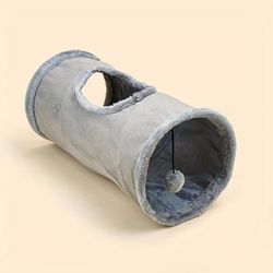 TEMU Foldable Plush Cat Tunnel With Ball Hole - Cozy Hideout For Kittens & Cats, Stimulates Natural Hunting , Light Gray With Contrast Binding, Interactive Play Toy Included, Cat Tunnel For Small Pet