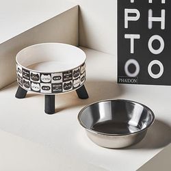 TEMU 2pcs Elevated Stainless Steel Cat Bowls With Non-slip Plastic Stand - Neck-friendly, Anti-tip Design For Food & Water, Cute Cat Face Pattern, Durable And Easy To Clean