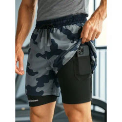 Men's 2 in 1 Gym Shorts Camouflage Fitness Training Shorts with Phone Pocket Towel Loop Quick Dry Running Wear Workout Shorts