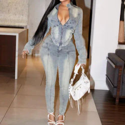 Ensemble deux pièces en Denim pour femmes, ensemble assorti avec fermeture éclair, hauts courts, manteaux, pantalons longs, taille haute, Slim Fit, Streetwear Y2k, 2025