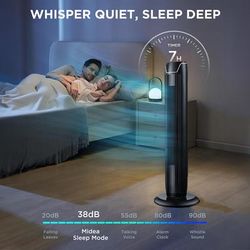TEMU Midea Mtf17jrbuk 36 Inch 45w Black Tower Stand Fan With Remote Control, 90° Wide , Led Touch Display, 3 Adjustable , 3 Customizable & 7-hour Timer - Ideal For Home And Office