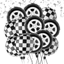 12pcs /set 18 inch racing tire black and white checkered foil balloon racing birthday party supply for boys racing competition