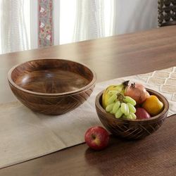 'Minimalist Hand-Carved 2-Piece Mango Wood Serving Bowl Set'