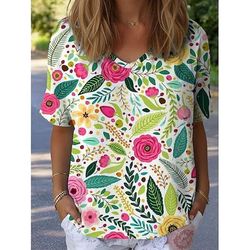 Per donna Maglietta Floreale Grafico Piante Vintage Elegante Classico Manica Corta Scollo a V Top Regolari Quotidiano Weekend Stampato Bianco Giallo Blu Verde Estate