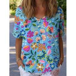 Per donna Maglietta Floreale Grafico Piante Vintage Elegante Classico Manica Corta Scollo a V Top Regolari Quotidiano Weekend Stampato Bianco Giallo Blu Verde Estate