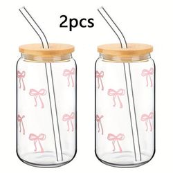 TEMU 2pcs Coquette Bow Glass, 16oz With Lid And Straw, Ladies Cute Drinking Glass, Reusable Pink Bow For Coffee Tea (bow)