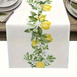TEMU Elegant Lemon & Floral Table Runner - White Polyester, Rectangular, Woven Design For Dining, Kitchen, And Party Decor, Party Table Decor | Floral Table Runner | Woven Texture, Table Decorations
