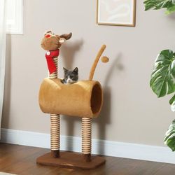 TEMU Cat Tree, 98cm Cat Tower Deer Themed For Indoor Cats And Kittens, With Scratching Posts, Toy Ball, Tunnel, Brown