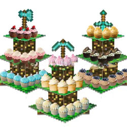 Support à gâteaux de jeu à 3 niveaux, 1 ensemble, support à cupcakes jetable, présentoir à desserts de prairie verte, fournitures de fête d'anniversaire pour enfants
