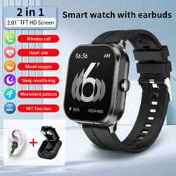 LIGE 2.01 pouces montre intelligente TWS 2-en-1 écouteurs Bluetooth appel NFC fréquence cardiaque pression artérielle moniteur de santé jouer de la musique Smartwatch