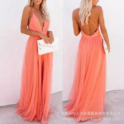 Robe longue de soirée pour femmes, taille haute, longueur au sol, Sexy, Orange, sans manches, dos nu, en gaze