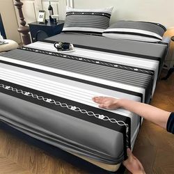 TEMU 3pcs Stylish Mika Grey Striped Bedding Set, Including 1 Fitted Sheet, 2 Pillowcases, - To Care For - Sturdy And Suitable For All Decoration