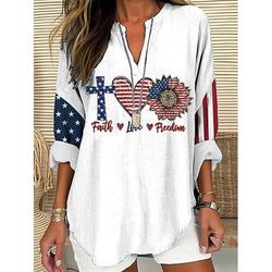 Festa dell'Indipendenza Blusa Patriottica da Donna in Lino Similare Traspirante Leggera Tunica Collo a V Maniche Lunghe Boho Casual Grafica Bandiera Vintage Elegante Tops Regolari Giornaliero Bianco
