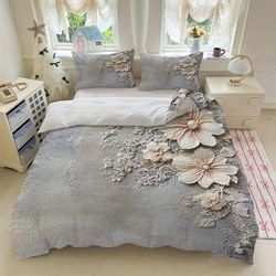 TEMU 3pcs Luxury Floral Bedding Set With 3d - Grey Duvet Cover & 2 Pillowcases (without Insert) For Bedroom Decor, Machine Washable Polyester, Bedroom | Polyester Fabric, Floral Print Bedding