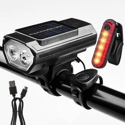 TEMU Solar Bike Light Set With Horn, 120db Rechargeable Led Front And Rear Light,, Dual Lighting Source, Abs Material, Handlebar Mounted For Mountain And Road Bikes, Bicycle Accessorie
