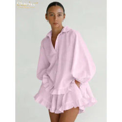 Clacive mode ample rose rayure ensemble short et haut 2 pièces femme 2025 élégant chemise à manches longues avec taille haute à volants ensemble short et haut