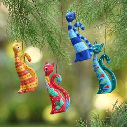 Purr-fect Cats,'Set of 4 Painted Whimsical Albesia Wood Cat Ornaments'