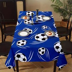 TEMU Soccer-themed Blue Tablecloth With White & Black Football Patterns - Home, Kitchen, Restaurant, Party & Holiday Use - Indoor/outdoor, Polyester Material, Machine-made Weave, Soccer Accessories