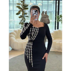 2025 Women Celebrity Sexy Long Sleeve Square Collar Diamonds Black Midi Bodycon Dress Elegant Evening Club Party Outfit