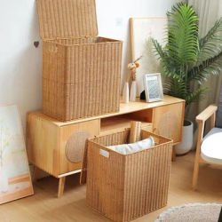 Cestino in rattan imitazione vimini con coperchio per bambini Abbigliamento giocattoli armadio picnic frutta lavanderia scatola portaoggetti cestino per biciclette