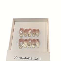 TEMU 10pcs Luxury Pure Handmade Wearable Nail Tips Fake Nails Light Relax Manicure With Cat Eye Rhinestone For Effect