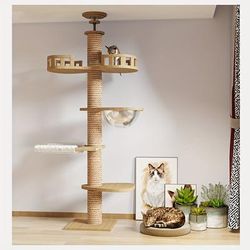TEMU 1pc Multi-level Cat Climbing Tower With Scratching Posts, Hanging Beds & Observation Deck - Sturdy Solid Wood Indoor Cat Tree For Climbing, Playing, Resting, Rope Wrapped Posts