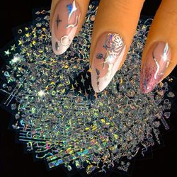 TEMU Holographic Laser Aurora Silvery Nail Art Stickers For S Women's Nail Decoration, 3d Self Adhesive Nail Stickers For Nail , Flower Nail Decals For Gel Polish