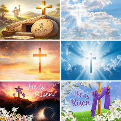 Cross Jesus Risen Decorative Background Christian Jesus Ascension Cross Blue Sky He Is Risen Photo Backdrop Photo Studio Props