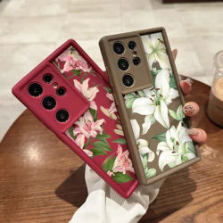 Luxury White Pink Lily Flower Pattern Phone Case for Samsung S24 S23 S22 S21 S20Plus FE 5G Soft Cover for Galaxy S25 Ultra Coque