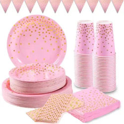 Pink Gold Party Set Includes Plates, Tissues, Paper Cups, Straws, Suitable for Birthdays, Parties, Weddings.