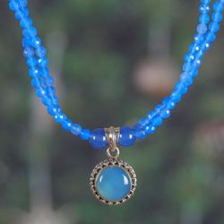 'Blue Chalcedony and Sun-Shaped Pendant Necklace from India'