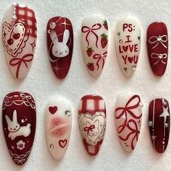 TEMU 10pcs Y2k Handcrafted Press-on Nails Set, Shaped, Short Length, Pink & Burgundy With 3d Water Drop & Rhinestone Design, - Reusable Jelly Glue & Nail File Included, Perfect Gift For Girls & Ladies