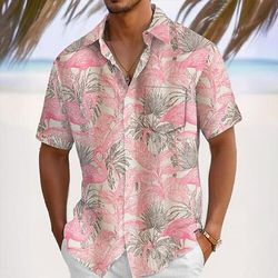 Per uomo Fenicottero Uccello Piante Tropicali Camicia hawaiana estiva Camicia con Bottoni Camicia Aloha Manica Corta Camicia Collo ripiegato Hawaiano Vacanza Ferie Abbigliamento mare Rosa chiaro Rosa