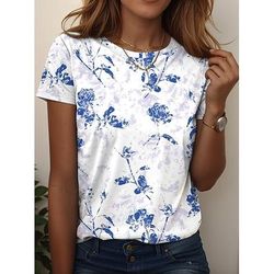 Per donna Maglietta Floreale Grafico Piante Vintage Elegante Classico Manica Corta Girocollo Top Regolari Quotidiano Stampato Verde chiaro Rosa Blu Verde Rosa Estate Primavera