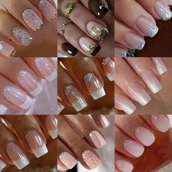 TEMU Get With 216pcs Short Square Nail Combo Set, Summer Casual Golden Silvery Glitter White French Gradient Stripe Full Coverage Fake Nails Stickers For Women & S