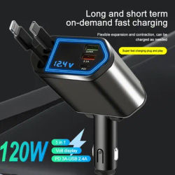 Chargeur de voiture rétractable 120W 5 en 1, rapide, avec éclairage ambiant, câble USB Type C, cordon rapide, adaptateur allume-cigare