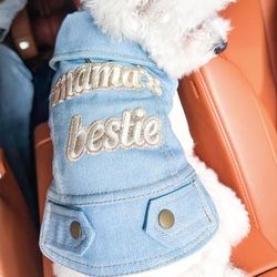 "TEMU Mama's Bestie" Denim-look Dog Jacket For Small & Puppy - Stylish Snap Button Closure, Comfortable Polyester Pet Apparel For , Dog Clothes, Casual Pet Outfit, Durable Pet Clothing"