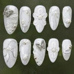 TEMU 11.20-4233-xs-s-m Elegant Women's Short 10pcs Almond Style Handmade White 3d Flower Line Beads Water Ripple Glitter False Nails