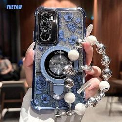 TEMU English Flower With Bracket S23/s24/s25/s24u/s25 Ultra Phone Case 4 Corners Anti-drop Premium Protective Case For Girls With Bracelet New Magnetic Bracket New S24plus/s25plus/s22/s21 Phone Case