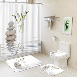 TEMU 4pcs Stone And Plant Spring Bathroom Curtain Polyester Shower Curtain No-hole Punch Partition Bath Curtain