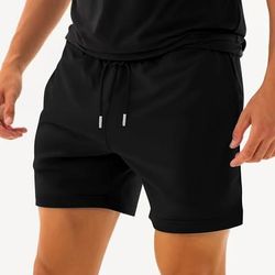 TEMU Men's Athletic Fitness Shorts - Elastic Waist, Casual Jogging & Workout Wear With Pockets, Breathable Polyester