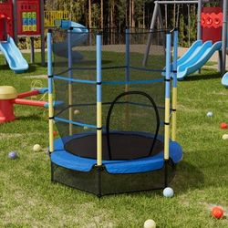 TEMU 55- & Yellow Striped Trampoline With Safety Net - Durable Metal Frame, Indoor/ Jumping Platform, Anti-tipover Design For Safe Family Fun, Trampoline For Outside