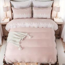 TEMU 3pcs December 90g Pink Wedding Surface Lace Polyester Duvet Cover Kit, Bedding Three-piece Set With 1 Duvet Cover And 2 Pillowcases, Style, Ten Sizes