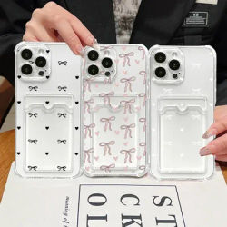 Korean Cute Bow Card Holder Wallet Case for Samsung Galaxy S24 S23 S22 S21 Ultra Plus S20 FE A56 A55 A15 A54 A53 A36 A35 A06 A26