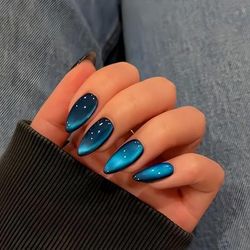 TEMU 24 Blue Almond-shaped Nail Tips, Suitable For Wearing At Dance Parties.