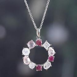 Vibrant Wreath of Gems,'Rainbow Moonstone Rose Quartz Garnet Silver Pendant Necklace'