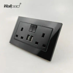 UK Standard Double Switched Power Socket with 2 USB Charging Ports Black Tempered Glass 146x86mm Size