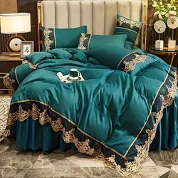 TEMU Modern Simple Solid Color Green/blue/grey/pink/white/red/purple/light Green Lace Bedding Set Quilt Cover And Pillowcase Two/three Piece Set